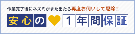 作業完了後にネズミがまた出たら、再度お伺いして駆除します。安心の1年間保証